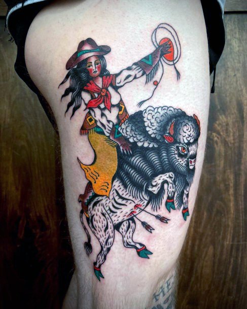 Lady With Elegant Cowgirl Tattoo Body Art