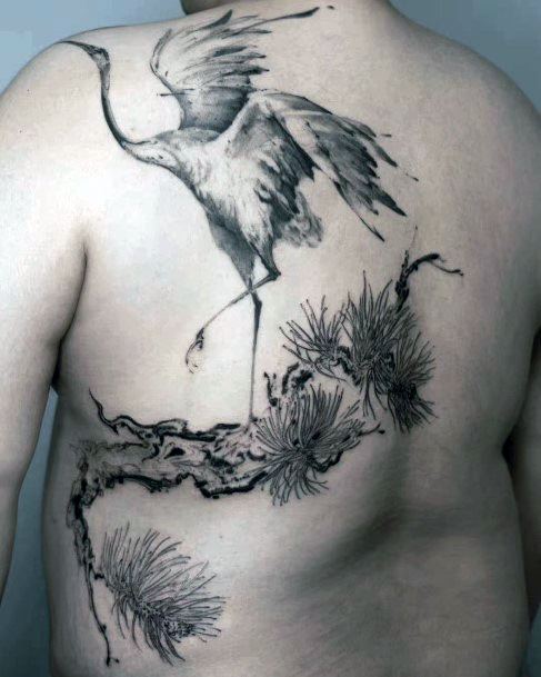 Lady With Elegant Crane Tattoo Body Art