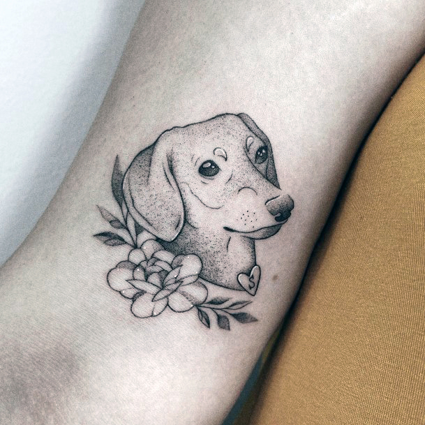 Lady With Elegant Dachshund Tattoo Body Art