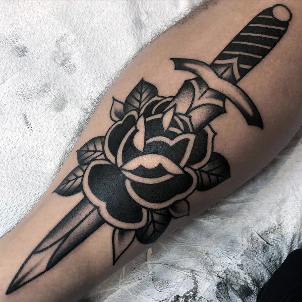 Lady With Elegant Dagger Rose Tattoo Body Art