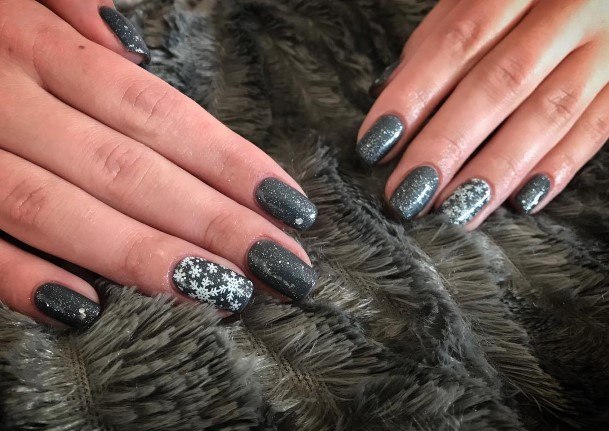 Lady With Elegant Dark Grey Nail Body Art