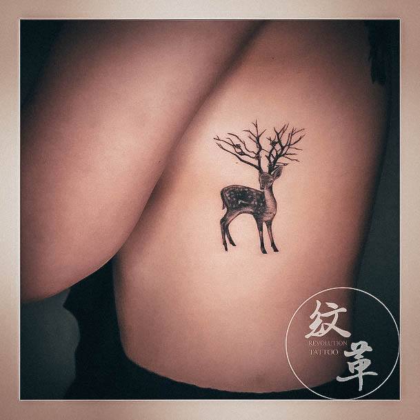 Lady With Elegant Deer Tattoo Body Art