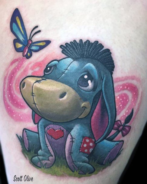 Lady With Elegant Eeyore Tattoo Body Art