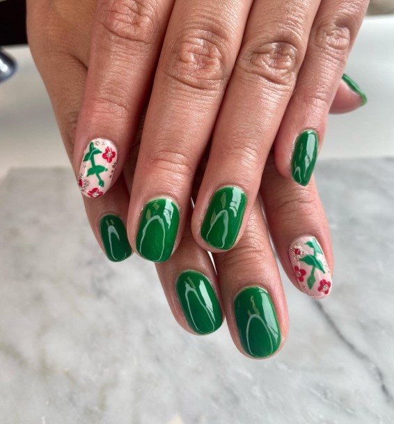 Lady With Elegant Emerald Green Nail Body Art