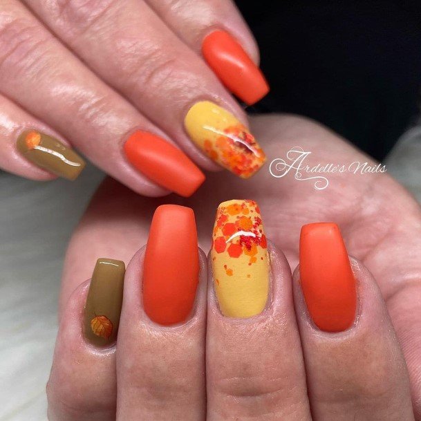 Lady With Elegant Fall Leaf Nail Body Art