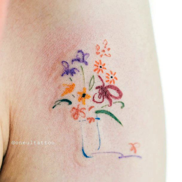 Lady With Elegant Flower Vase Tattoo Body Art