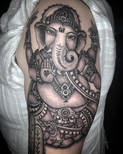 Lady With Elegant Ganesha Tattoo Body Art