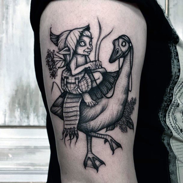 Lady With Elegant Goose Tattoo Body Art