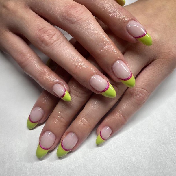 Lady With Elegant Green And Pink Nail Body Art