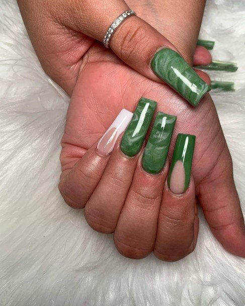 Lady With Elegant Green And White Nail Body Art
