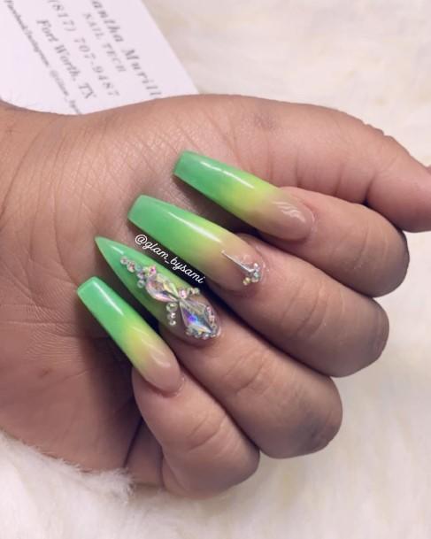 Lady With Elegant Green And Yellow Nail Body Art