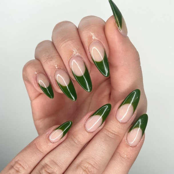 Lady With Elegant Green French Tip Nail Body Art