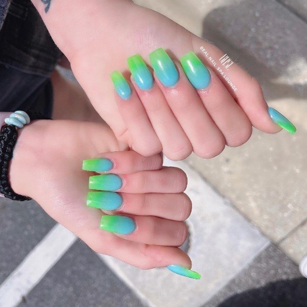 Lady With Elegant Green Ombre Nail Body Art