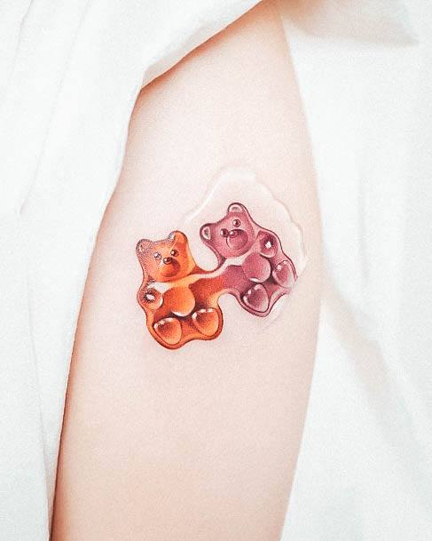 Lady With Elegant Gummy Bear Tattoo Body Art