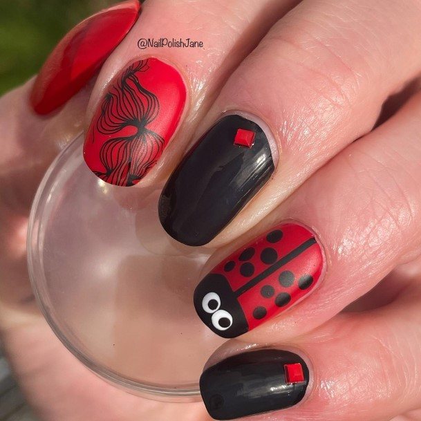 Lady With Elegant Ladybug Nail Body Art