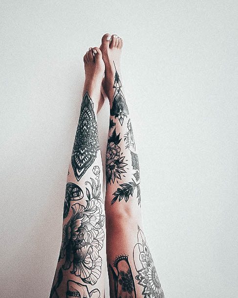 Lady With Elegant Leg Sleeve Tattoo Body Art