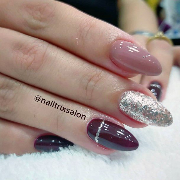 Lady With Elegant Maroon And Pink Nail Body Art