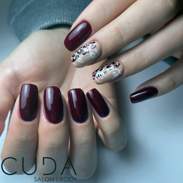 Lady With Elegant Maroon White Nail Body Art