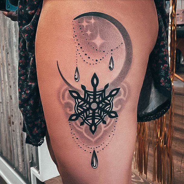 Lady With Elegant Moon And Stars Tattoo Body Art