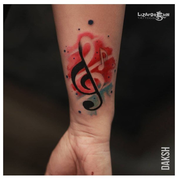 Lady With Elegant Music Note Tattoo Body Art