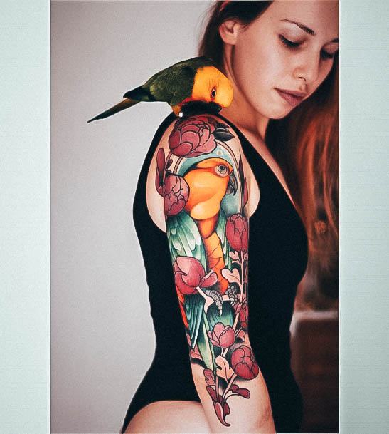 Lady With Elegant Neo Traditional Tattoo Body Art Half Sleeve