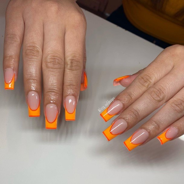 Lady With Elegant Orange French Tip Nail Body Art