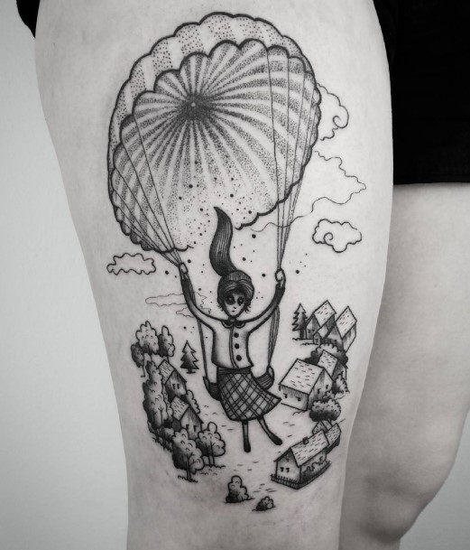 Lady With Elegant Parachute Skydiving Tattoo Body Art