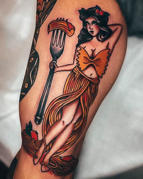 Lady With Elegant Pasta Tattoo Body Art