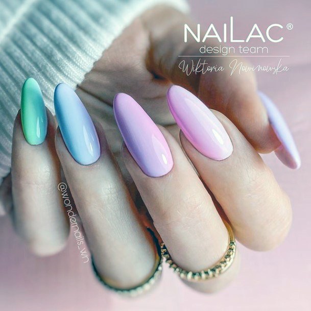 Lady With Elegant Pink And Blue Nail Body Art