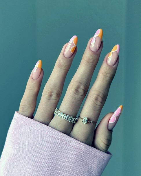 Lady With Elegant Pink And Orange Nail Body Art