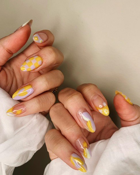 Lady With Elegant Purple And Yellow Nail Body Art