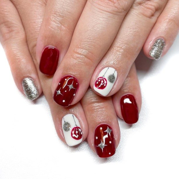 Lady With Elegant Red And Silver Nail Body Art