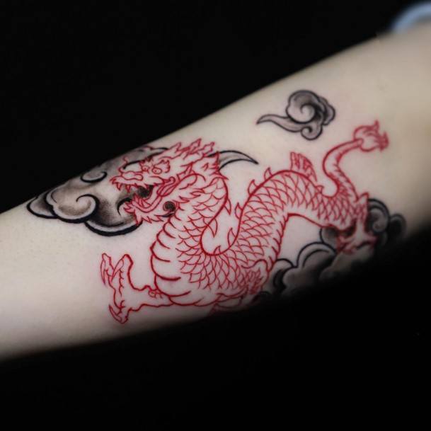 Lady With Elegant Red Dragon Tattoo Body Art