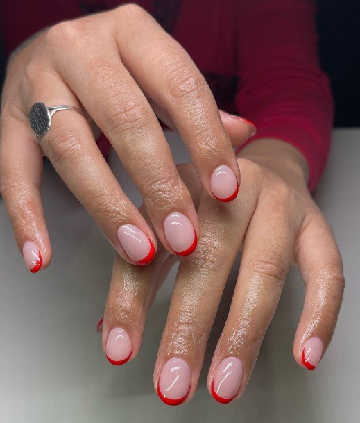 Lady With Elegant Red French Tip Nail Body Art