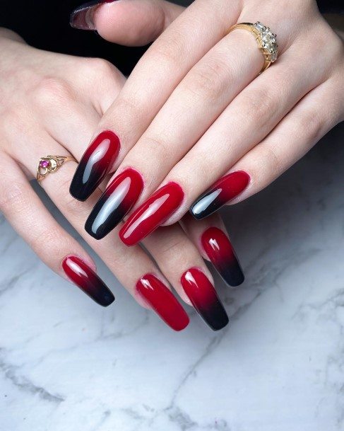 Lady With Elegant Red Ombre Nail Body Art