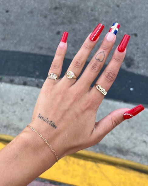 Lady With Elegant Red White And Blue Nail Body Art