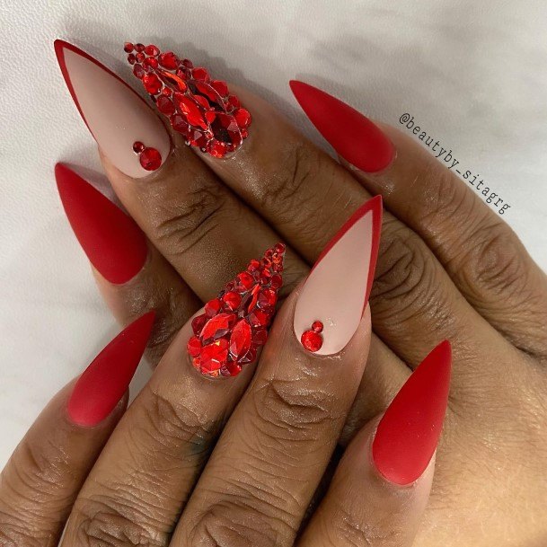 Lady With Elegant Red With Diamond Rhinestones Nail Body Art