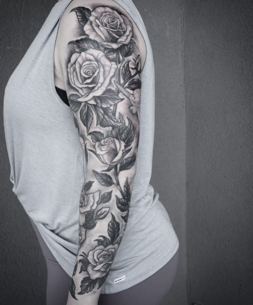 Lady With Elegant Rose Sleeve Tattoo Body Art