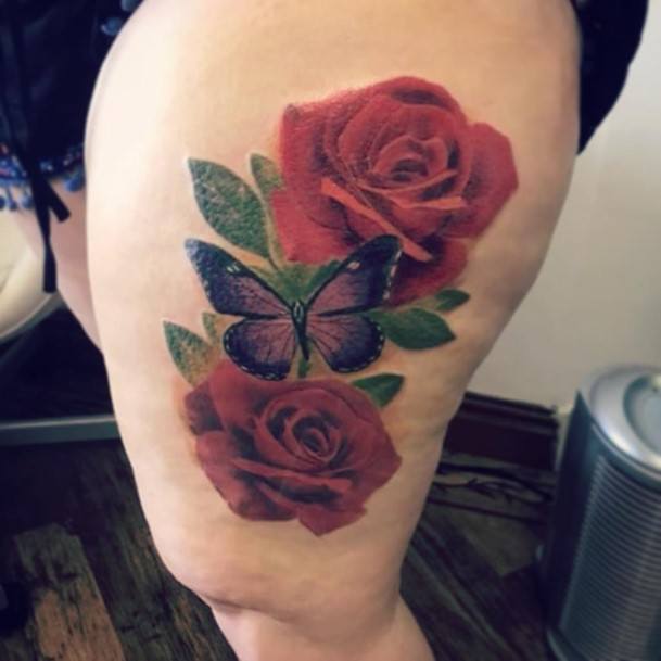 Lady With Elegant Rose Thigh Tattoo Body Art