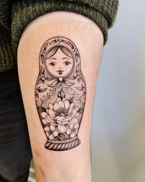 Lady With Elegant Russian Nesting Doll Matryoshka Tattoo Body Art