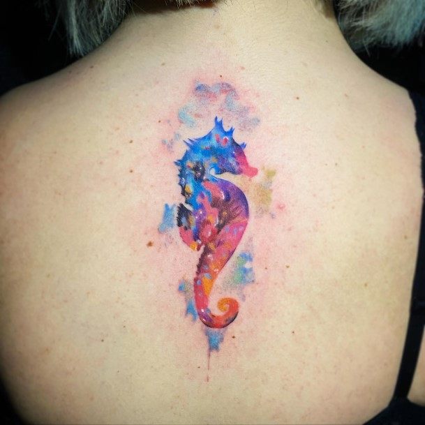 Lady With Elegant Seahorse Tattoo Body Art