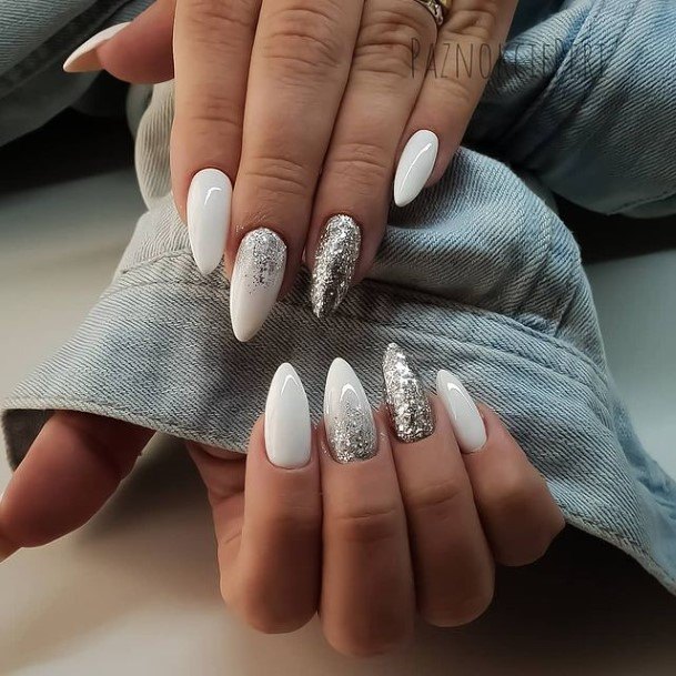 Lady With Elegant Silver Nail Body Art