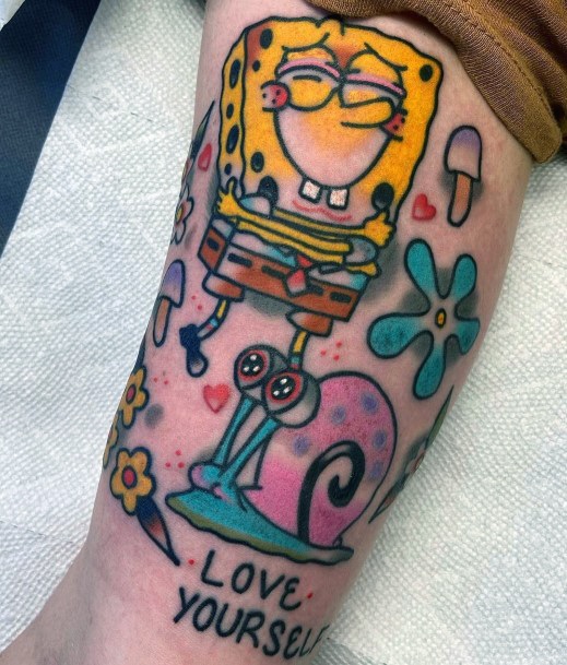 Lady With Elegant Spongebob Tattoo Body Art