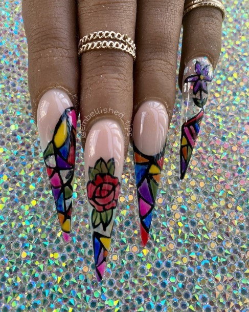 Lady With Elegant Stained Glass Nail Body Art