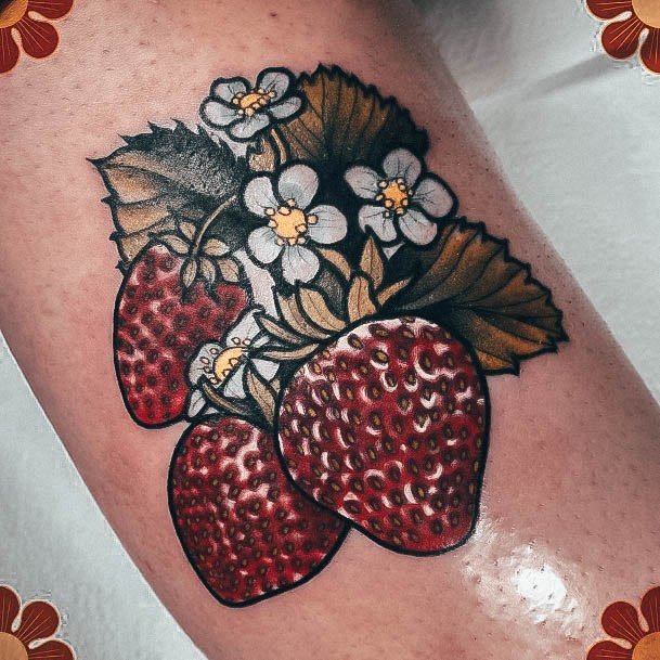 Lady With Elegant Strawberry Tattoo Body Art