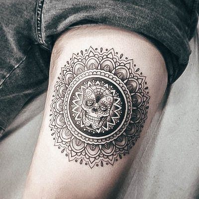 Lady With Elegant Sugar Skull Tattoo Body Art