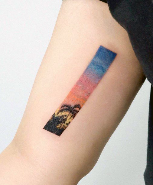 Lady With Elegant Sunset Sunrise Tattoo Body Art