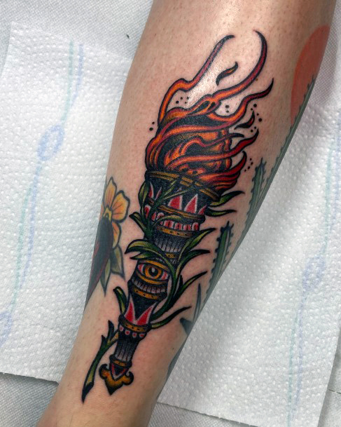 Lady With Elegant Torch Tattoo Body Art