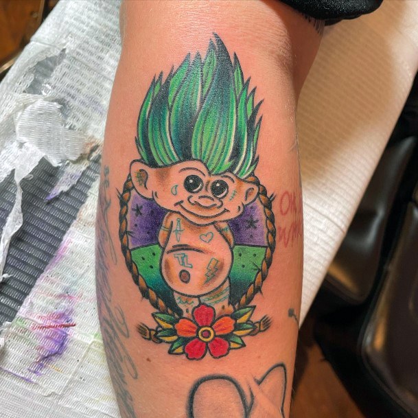 Lady With Elegant Troll Doll Tattoo Body Art