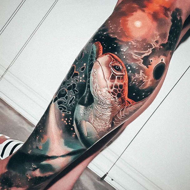 Lady With Elegant Turtle Tattoo Body Art Leg Sleeve